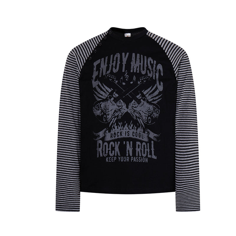 Long Sleeve Raglan Shirt – Rock 'N Roll Graphic, Black & White Striped Sleeves