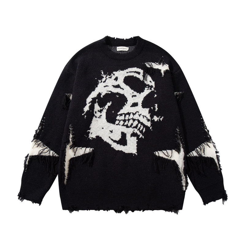 Men's Skull Jacquard Distressed Knit Sweater – Oversized Crewneck