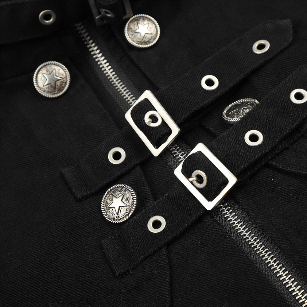 Men's Military-Inspired Short Jacket with Stand Collar, Buckle Straps & Button
