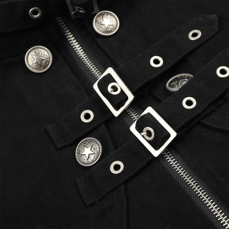 Men's Military-Inspired Short Jacket with Stand Collar, Buckle Straps & Button