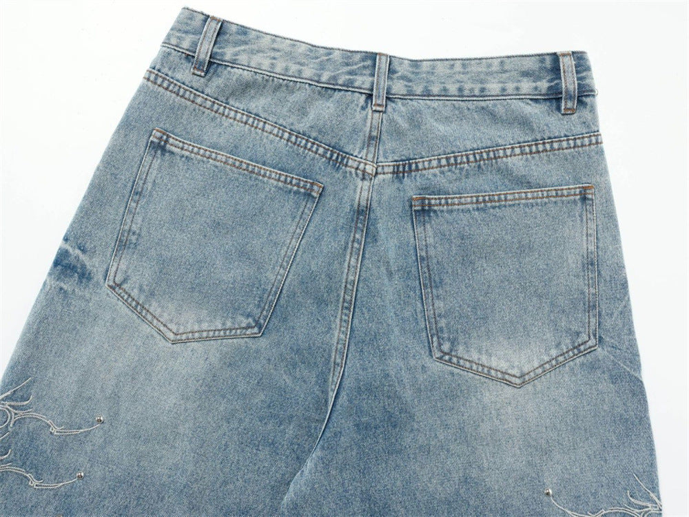 Men's Baggy Wide-Leg Jeans – Studded & Embroidered Washed Denim