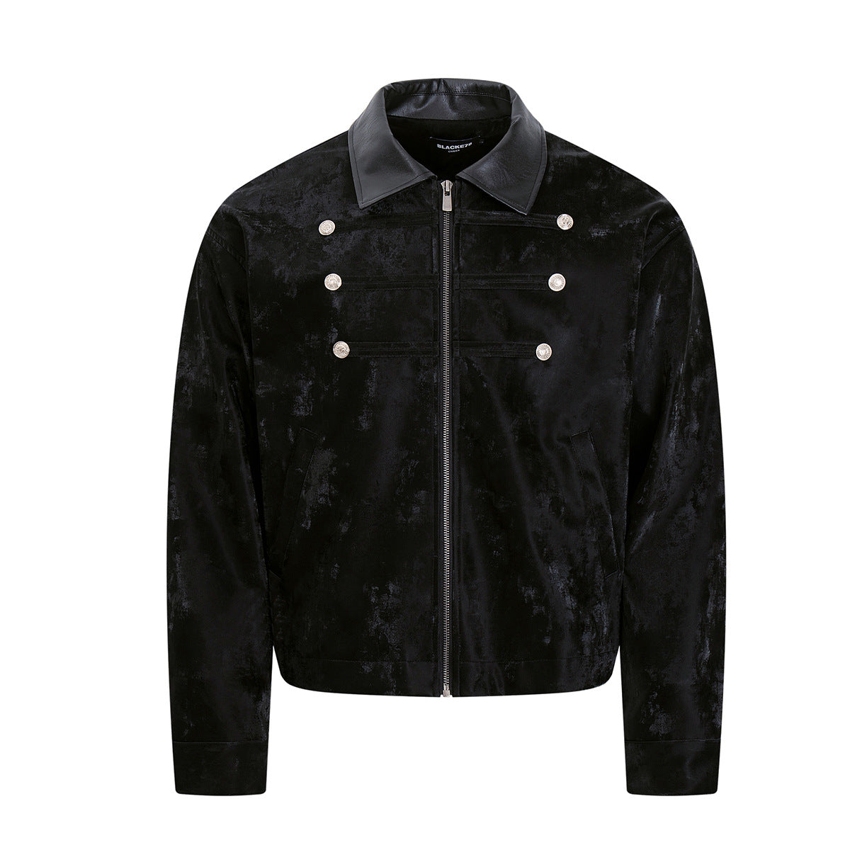 Black crushed velvet cropped Detroit jacket with faux-leather collar and silver military buttons, front and back view