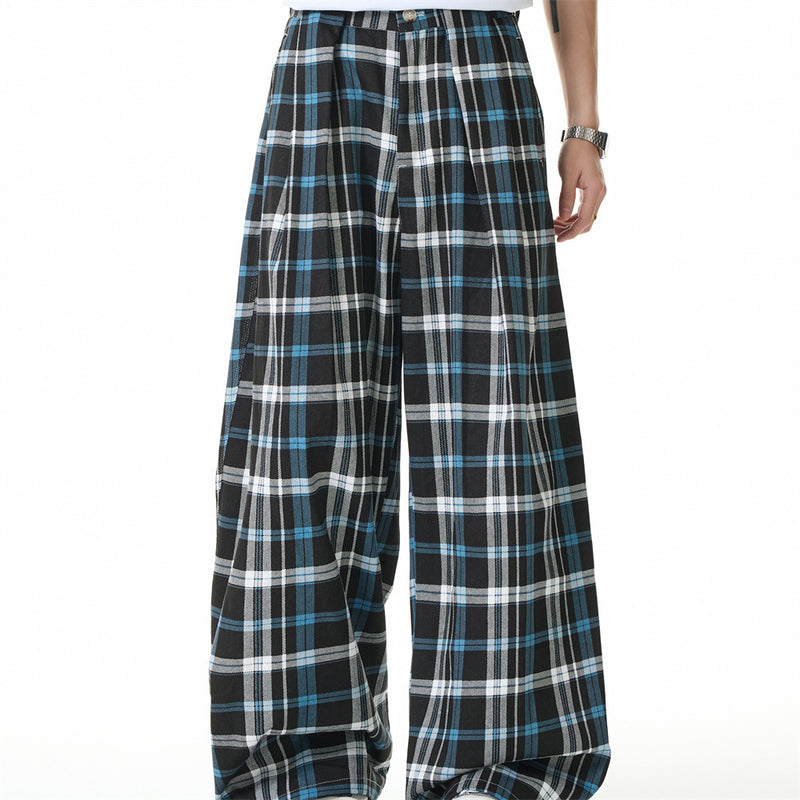 Plaid Wide-Leg Trousers – Double-Pleat Baggy Fit