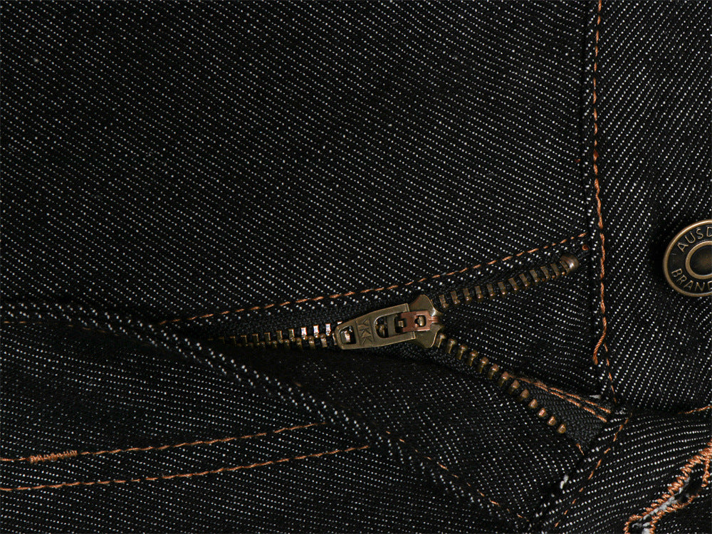 Men's Wide-Leg Raw Denim Jeans with Union Jack Rolled Cuffs & Studded Back