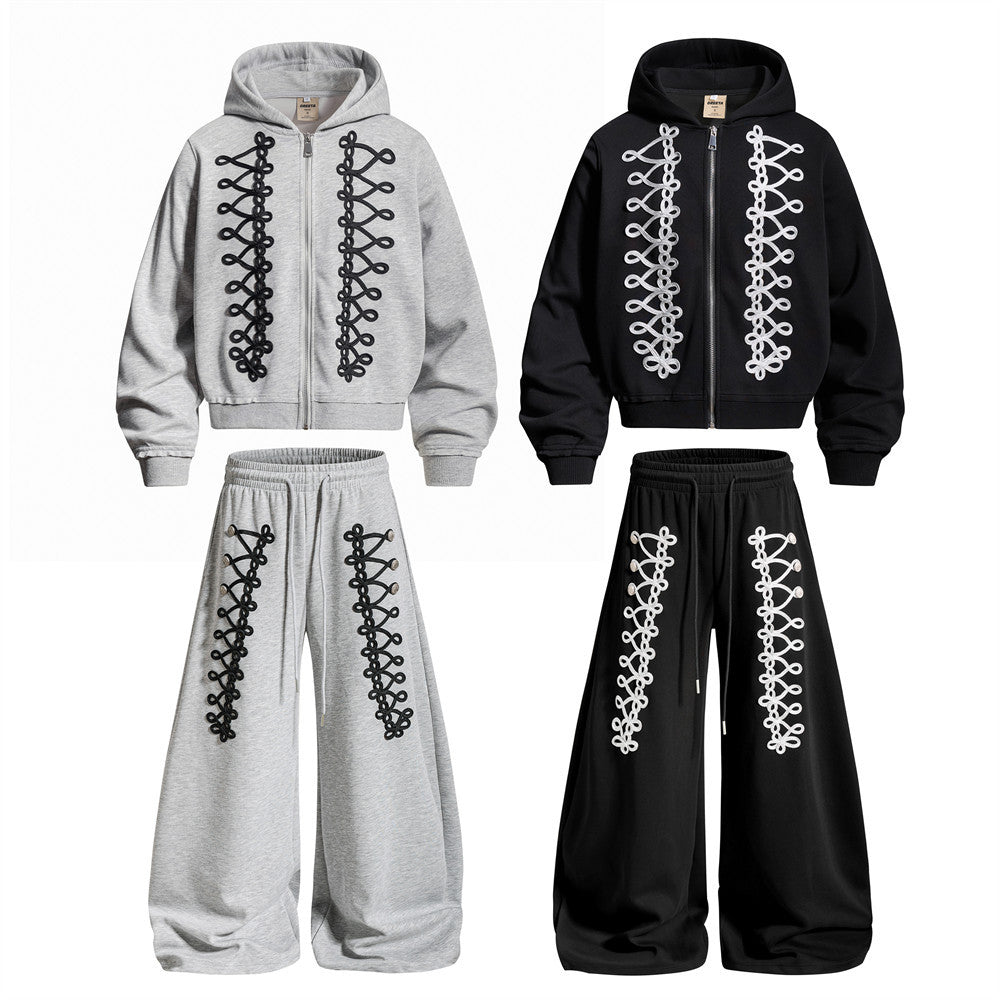 Oversized Zip-Up Hoodie Men – Rope Lace Detail Wide-Leg Sweatpants Set