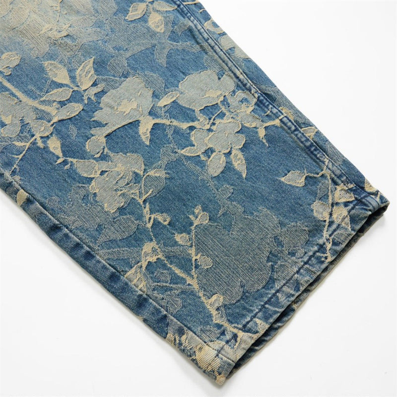 Floral Jacquard Wide-Leg Jeans – Vintage Washed Baggy Denim with Raised Flower