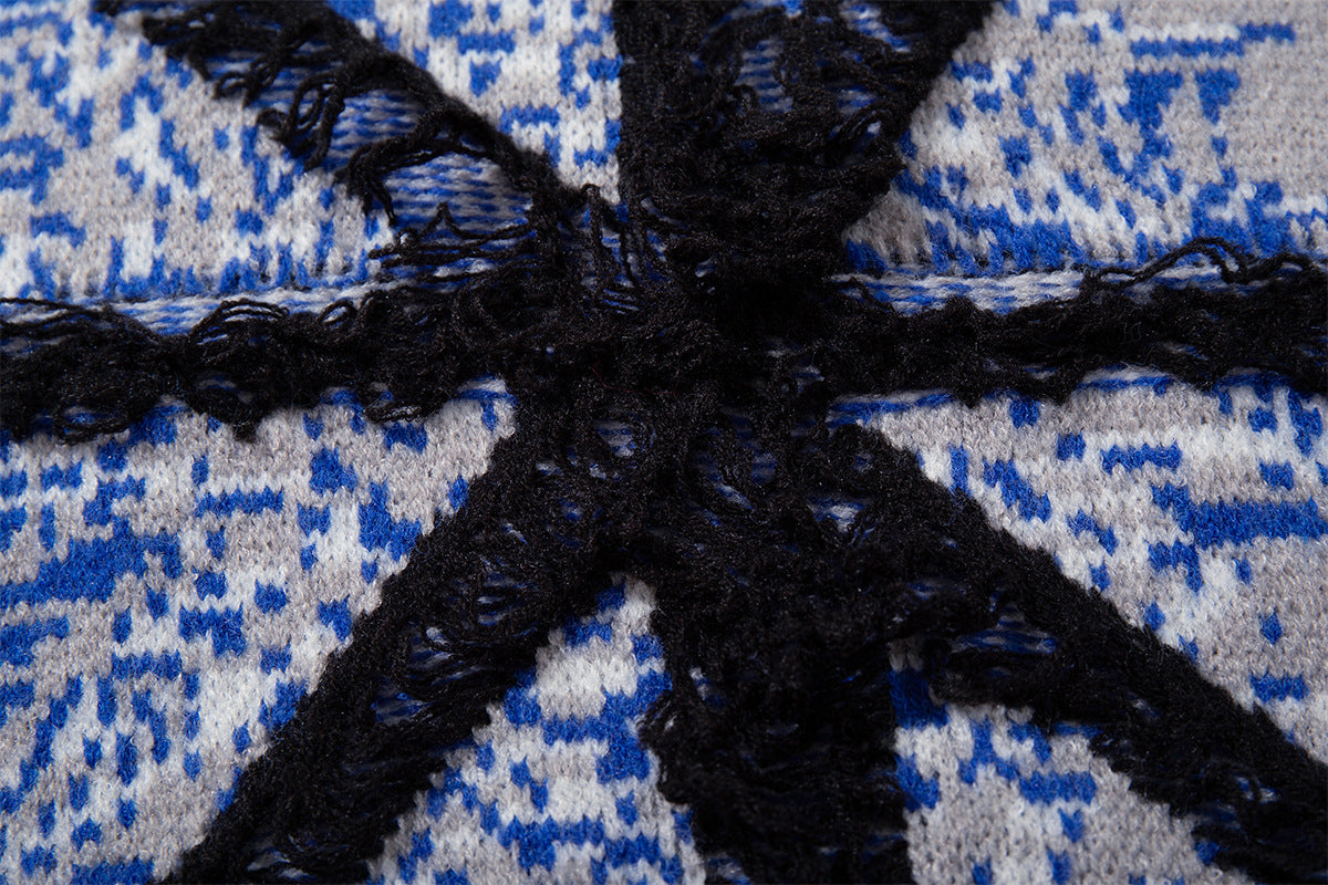 Union Jack Jacquard Knit Sweater – Oversized Crew Neck with Distressed Hem