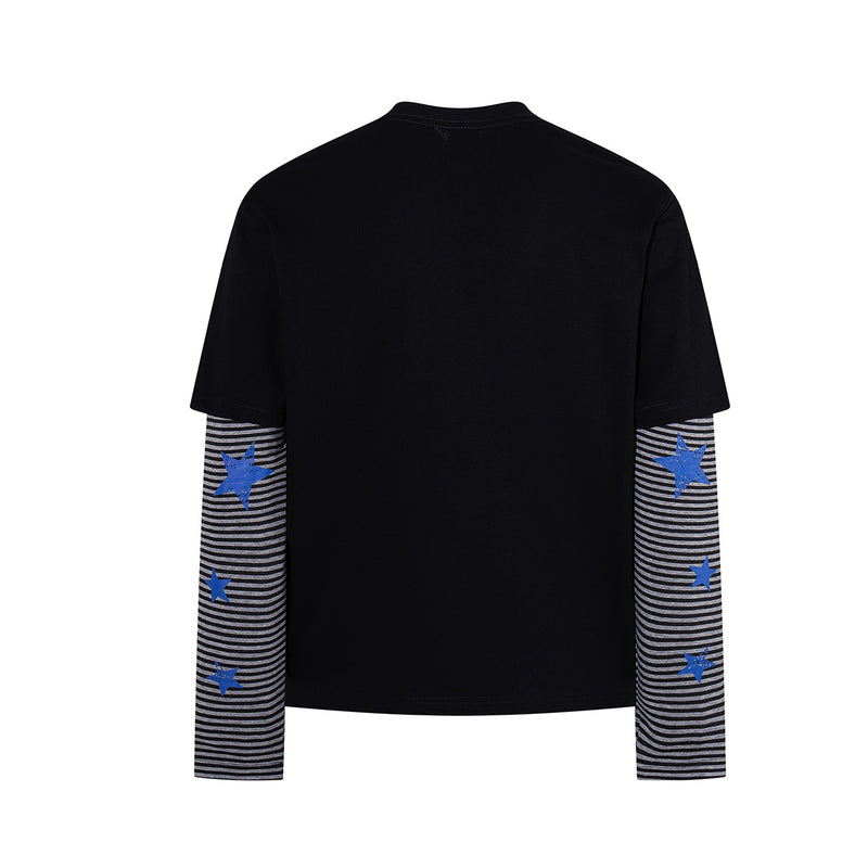 Long Sleeve Double-Layer Graphic Tee – Videodrome Rock Print with Striped Star