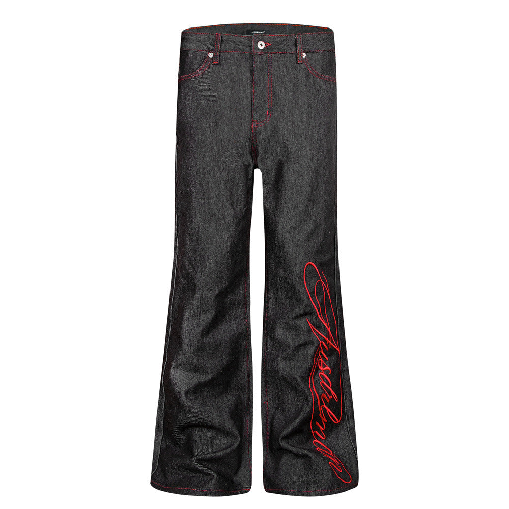 Jean noir homme bootcut avec broderie script – Denim à jambes évasées