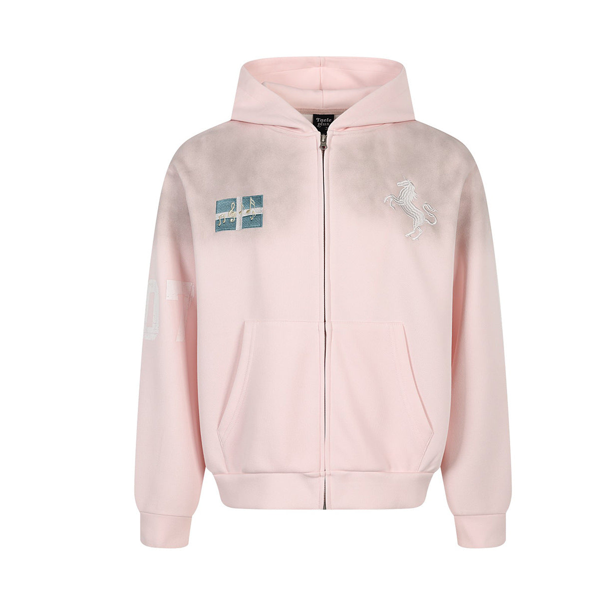 Oversize-Hoodie Taele Plus mit Reißverschluss in Pink, gesticktem Einhornmotiv auf der Brust, gewebtem Badge-Patch und verwaschenem Farbverlauf
