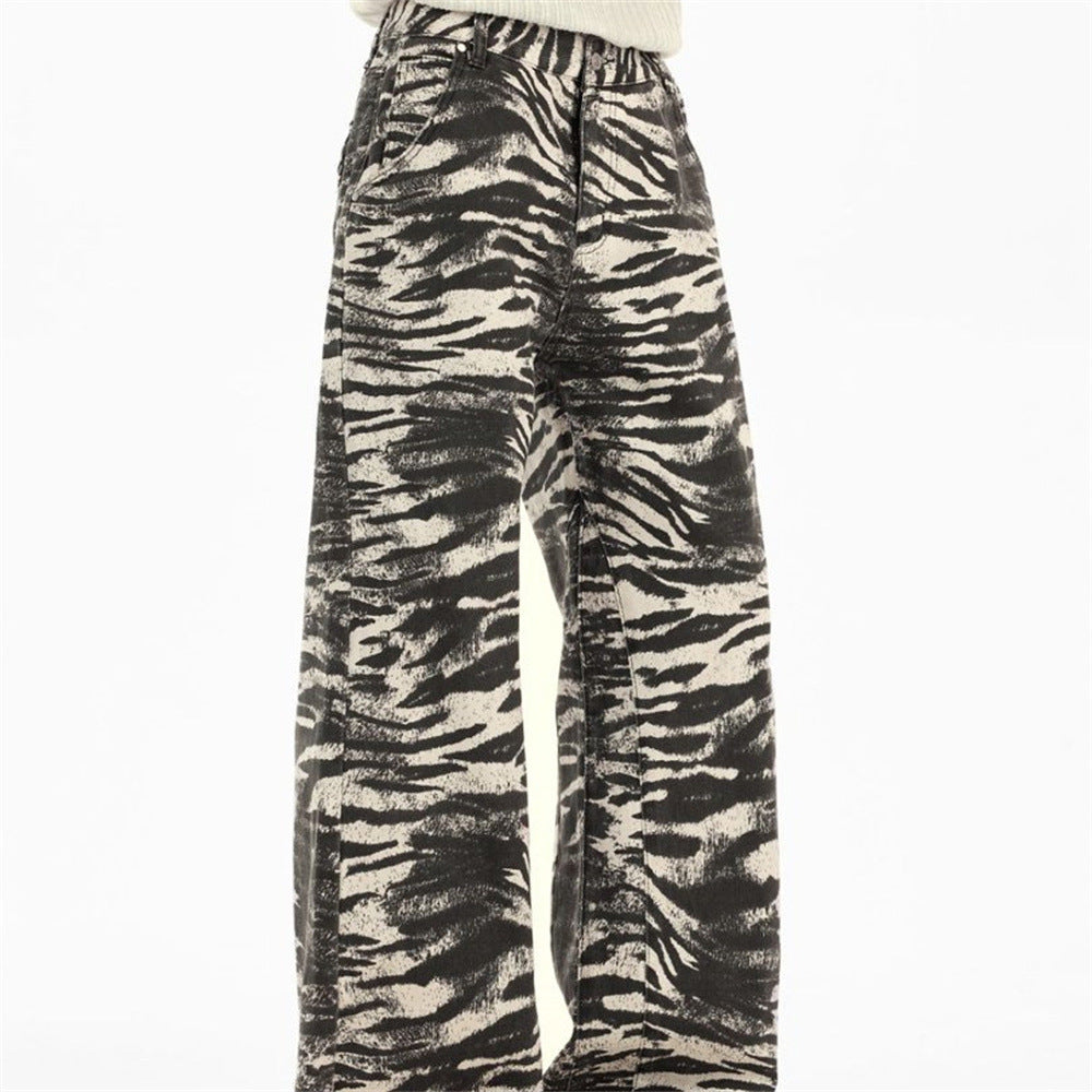 Zebra Print Wide-Leg Jeans – Men's Straight Fit Punk Street Style Denim Pants