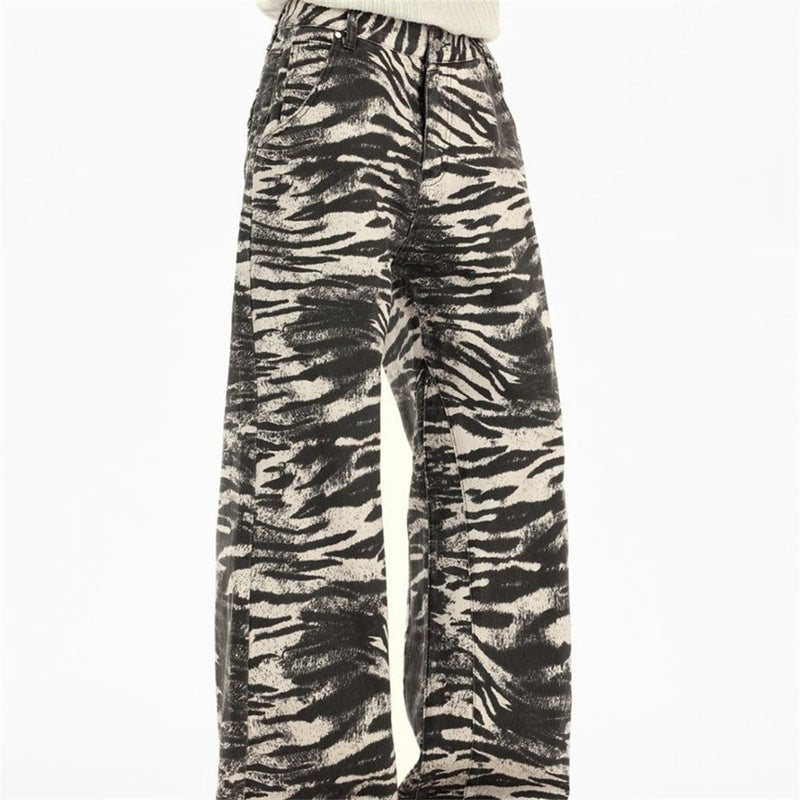 Zebra Print Wide-Leg Jeans – Men's Straight Fit Punk Street Style Denim Pants
