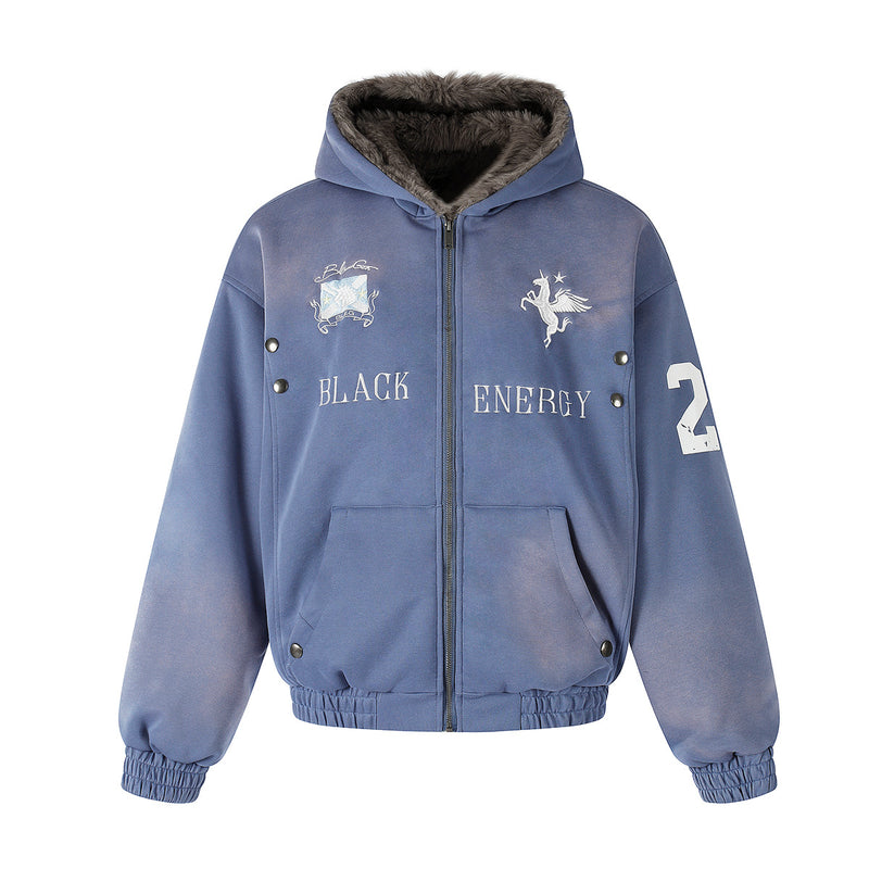 Black Energy Faux Fur-Lined Hooded Bomber Jacket – Washed Fleece Winter Coat