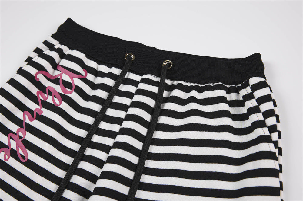 Black & White Striped Wide-Leg Pants with Drawstring Waist