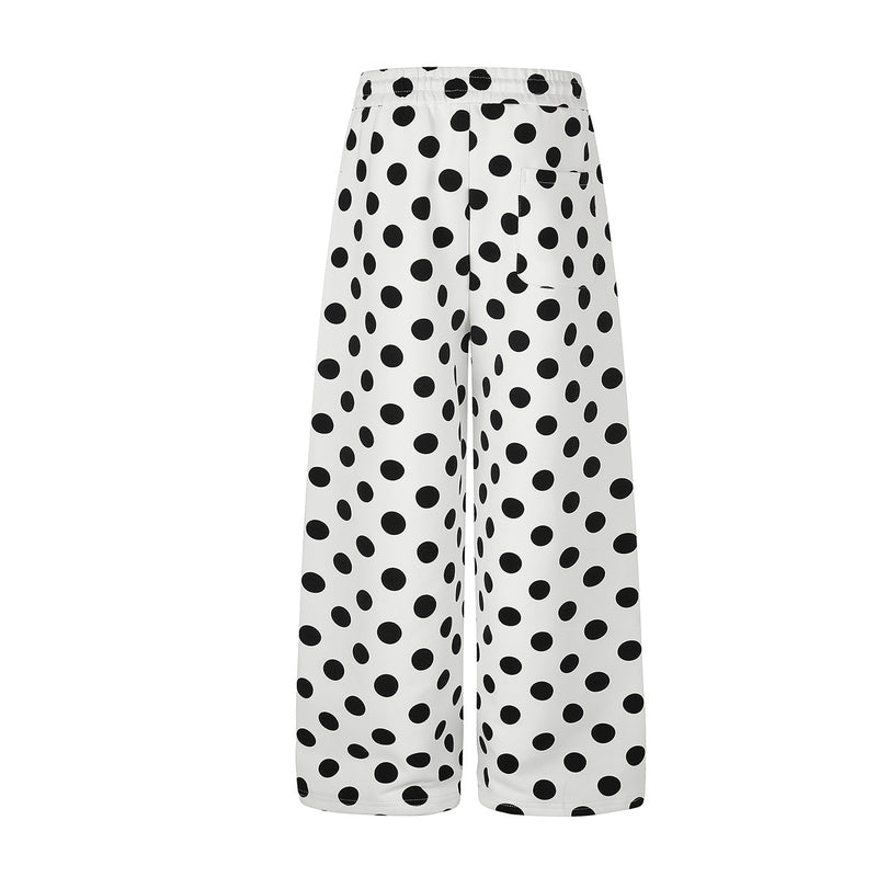 Wide-Leg-Jogginghose mit Polka-Dots – Weiß-Schwarzer Punktprint mit Kordelzugbund