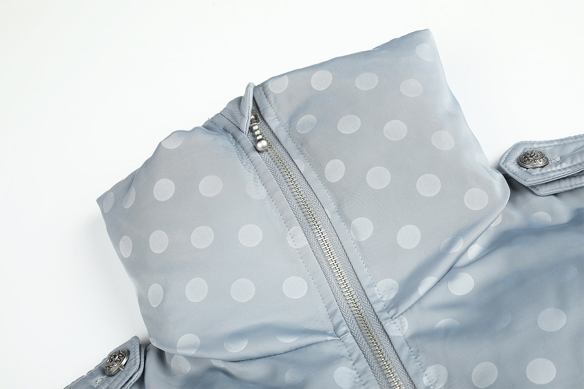 Polka Dot Puffer Bomber Jacket with Oversized Collar