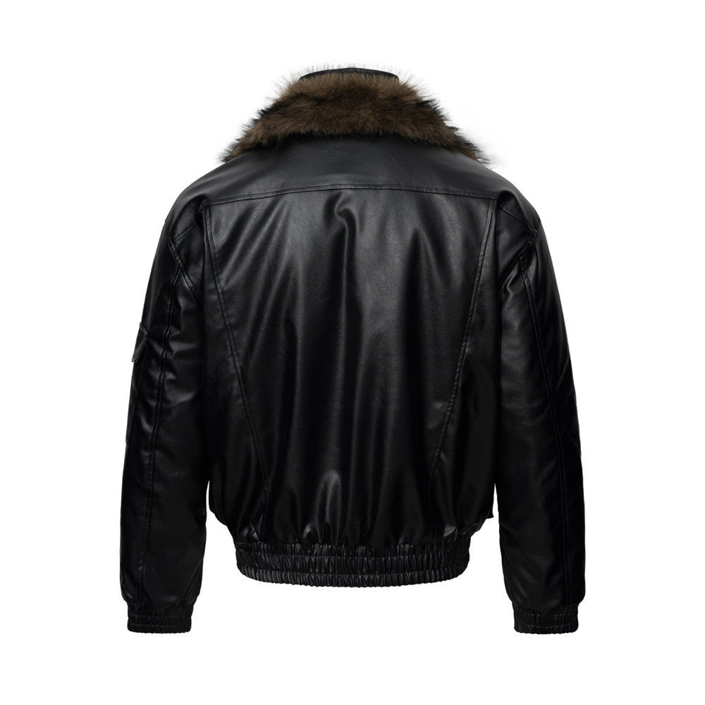 Men's Black PU Leather Bomber Jacket with Faux Fur Collar & Large Cargo Pockets