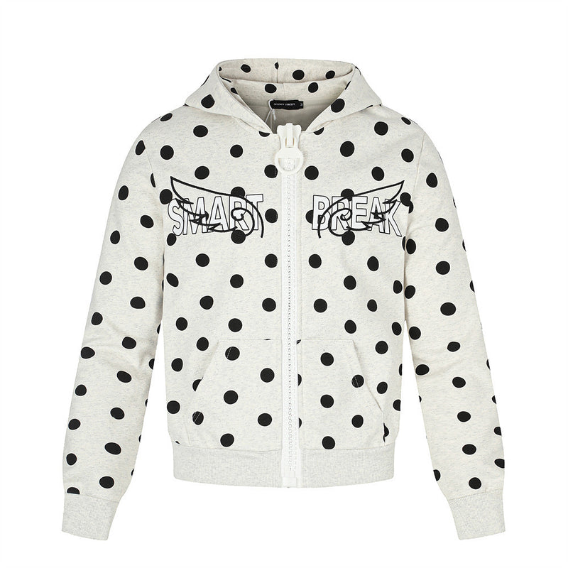 Polka Dot Zip-Up Hoodie with Embroidered Graphic – Cropped Streetwear Sweatshirt