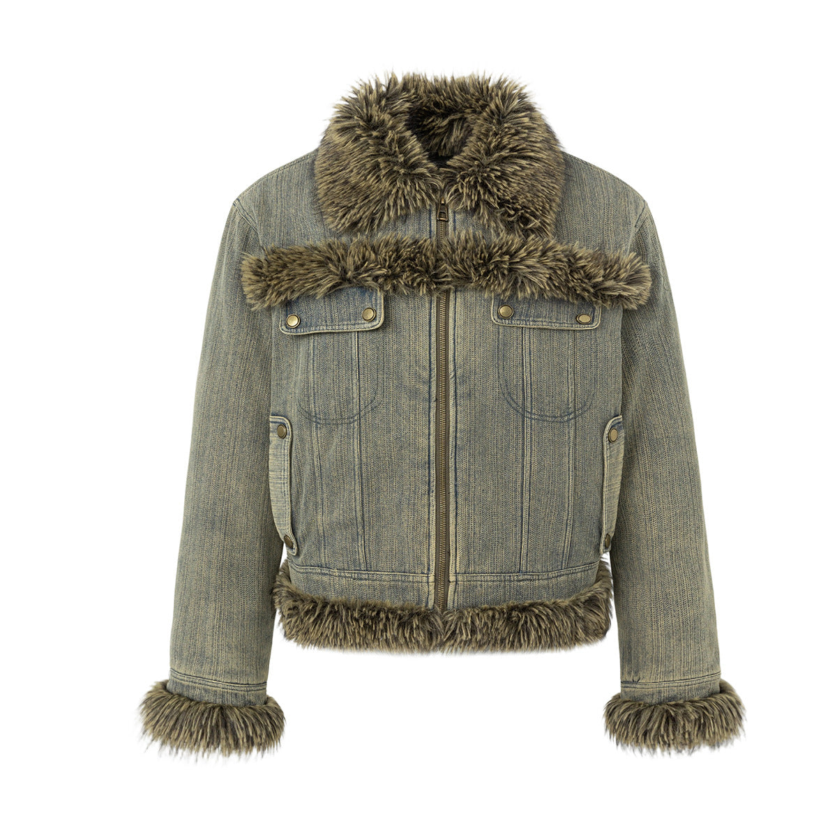 Washed Denim Fur-Trim Padded Jacket – Vintage American Moto Style