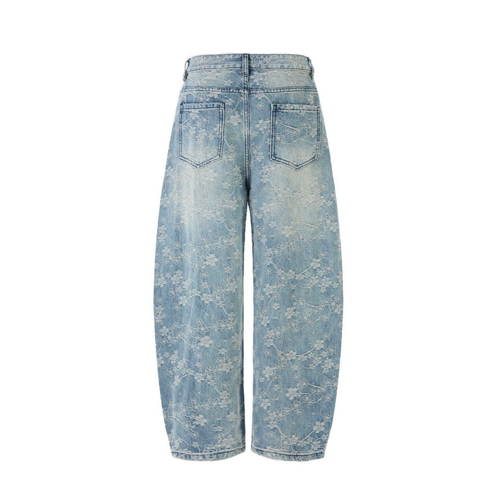 Loose Fit Wide-Leg Jeans – Floral Lace Embroidery, Washed Light Blue Denim