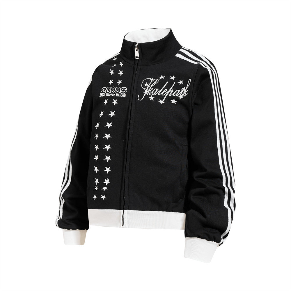 Embroidered Bomber Jacket Mens Star Print Track Jacket with Stripe Sleeves