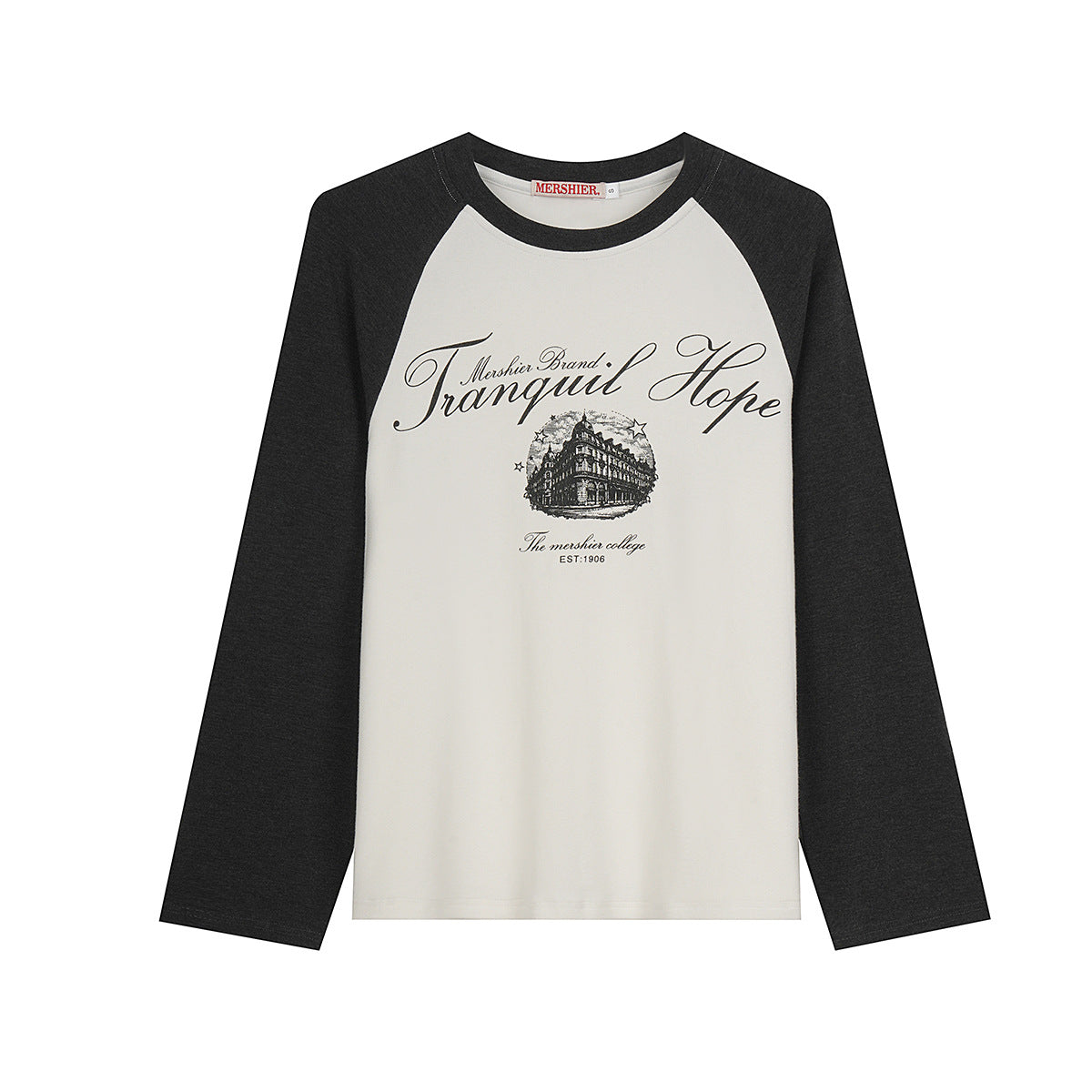 Cream and charcoal raglan long sleeve tee with vintage collegiate Tranquil Hope graphic print on chest, front and back view