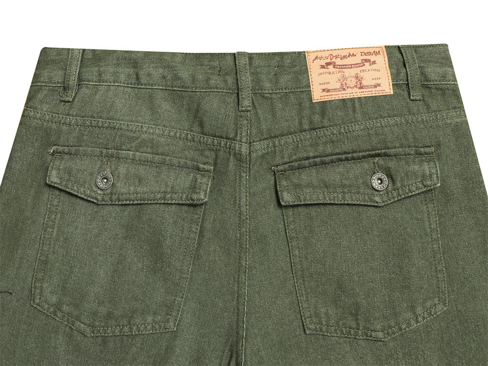 Wide-Leg Relaxed Straight Jeans – Olivgrün mit kariert gefütterten Taschen