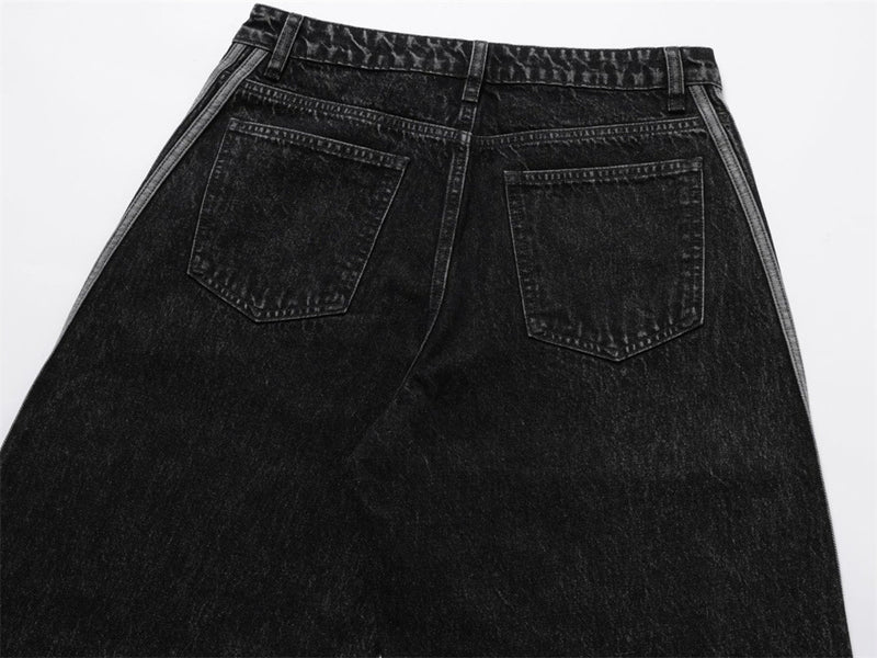 Wide Leg Dad Jeans – Washed Black Denim with Side Stripe Detail