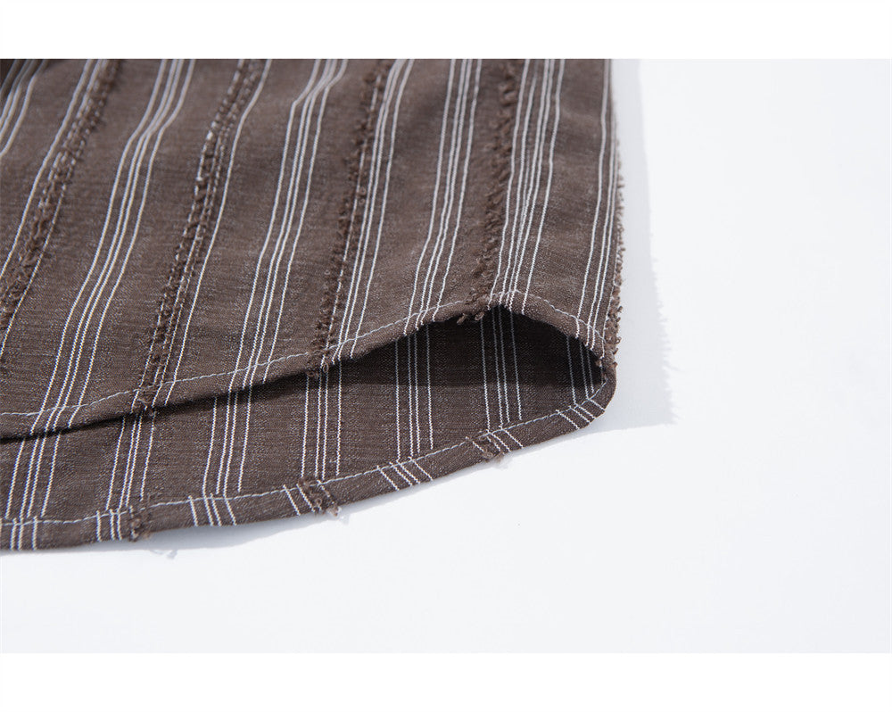 Men's Vintage Striped Oversized Long-Sleeve Shirt with Dual Chest Pockets