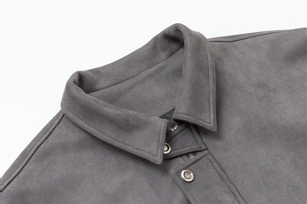 Men's Oversized Bomber Jacket – Grey Suede-Touch Fabric with Stud Details & Zip