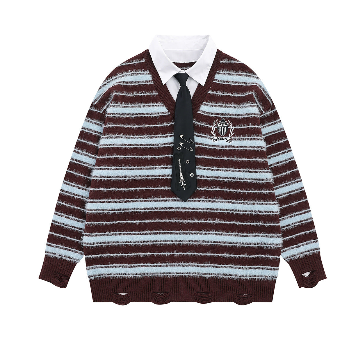 Striped Knit Sweater with Layered Shirt Collar and Tie Detail, Preppy Academy