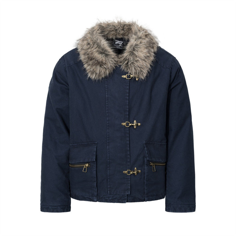 Men's Padded Canvas Jacket with Faux Fur Collar & Metal Toggle Closures