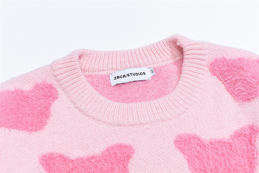 Bear Jacquard Crewneck Knit Sweater – Oversized Long Sleeve Pullover