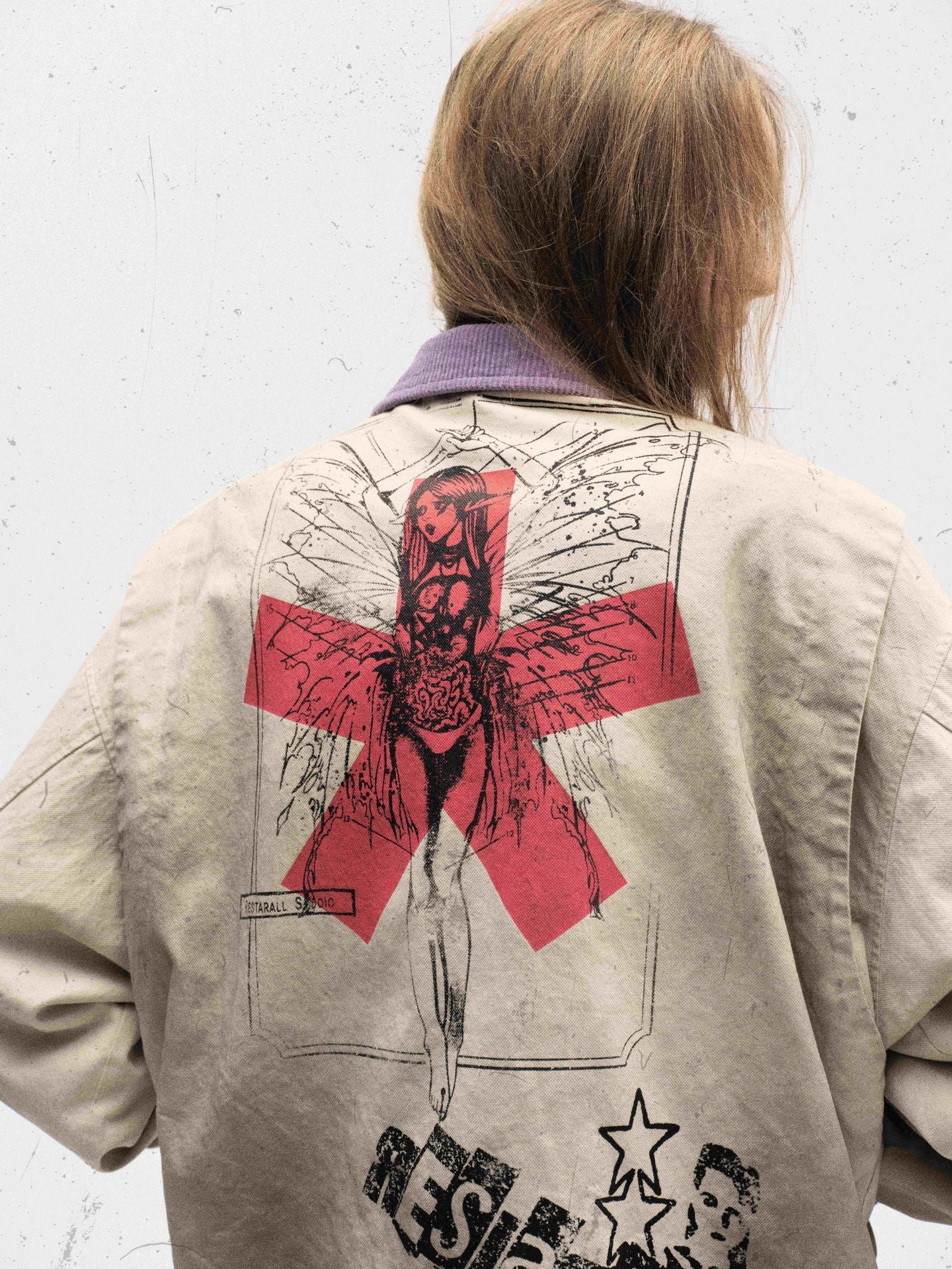 Veste zippée à imprimé graphique – Coton délavé effet usé, col violet et badge