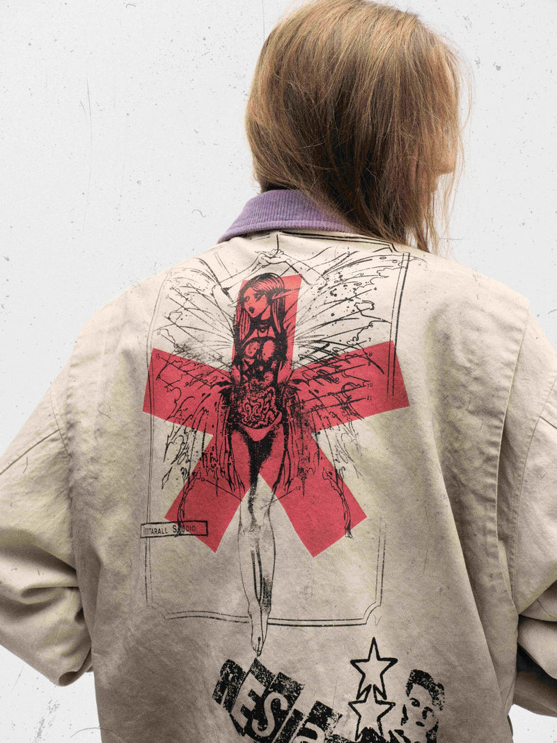 Veste zippée à imprimé graphique – Coton délavé effet usé, col violet et badge