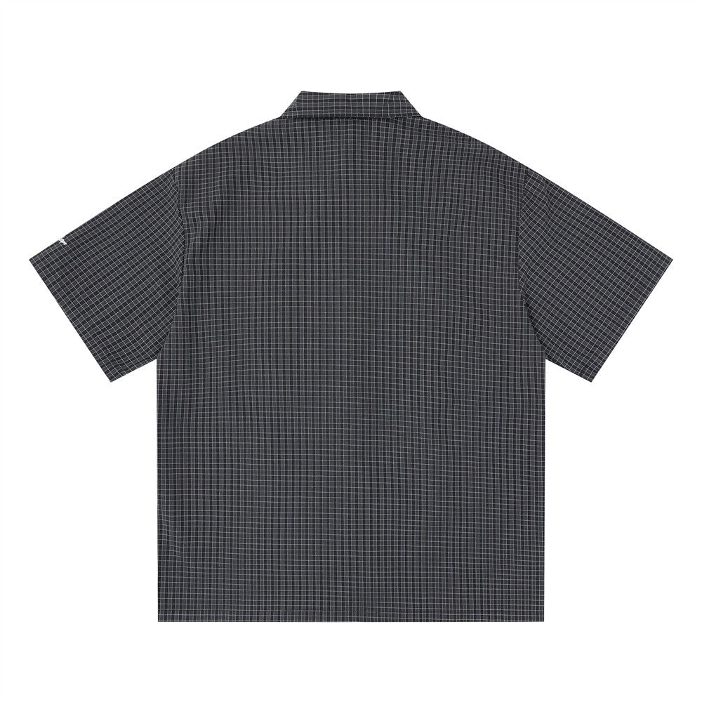 Plaid Short Sleeve Shirt with Pearl Studs – Oversized Hip Hop Streetwear