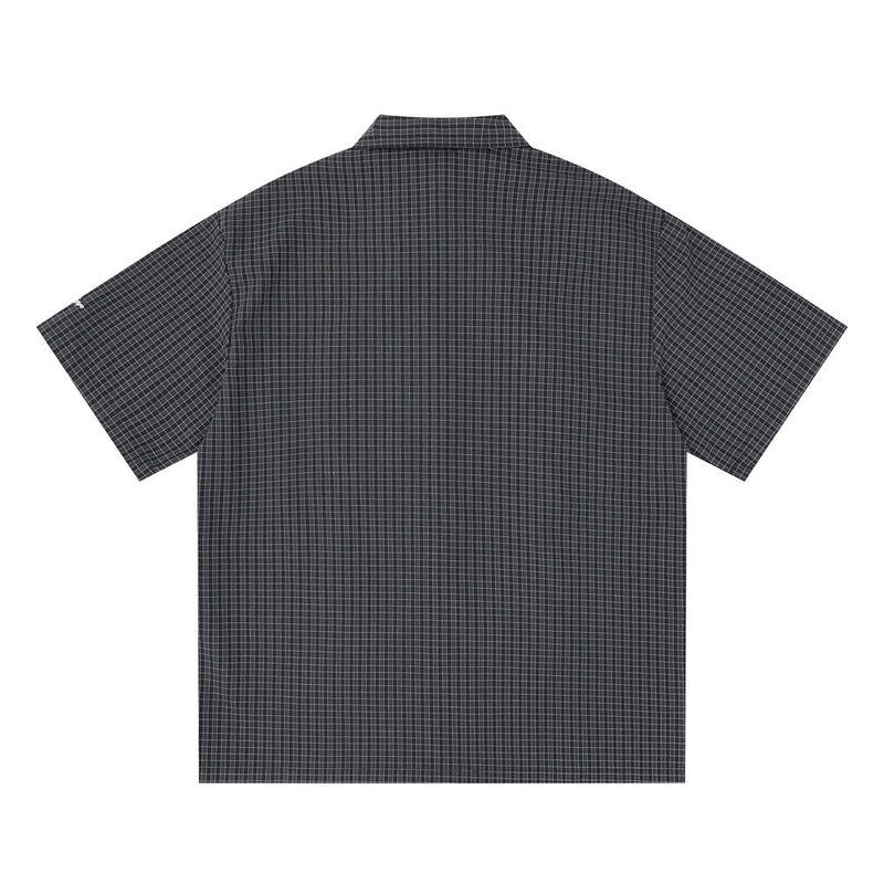 Plaid Short Sleeve Shirt with Pearl Studs – Oversized Hip Hop Streetwear