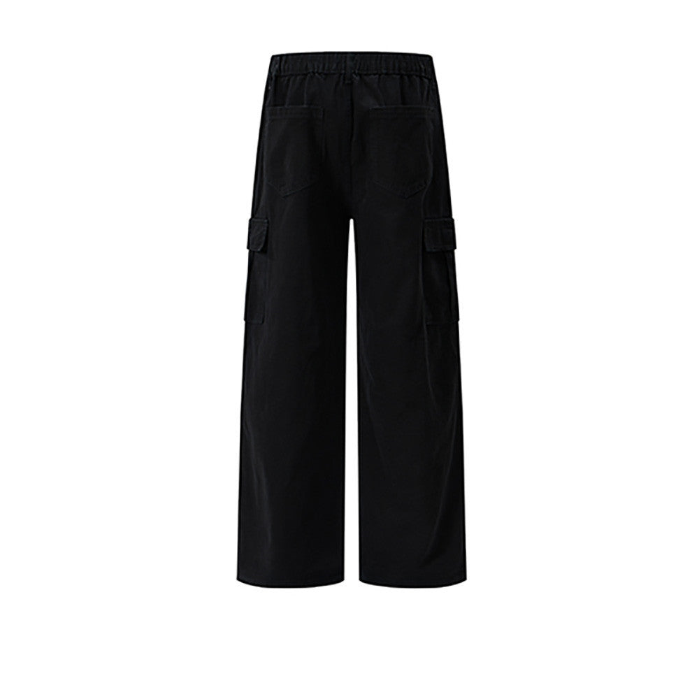 Black cargo pants, back view with elastic waistband and rear pockets