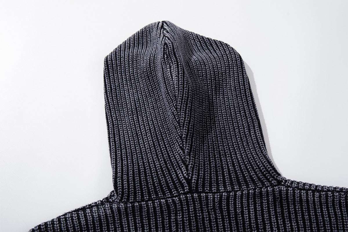 Washed Ribbed Knit Hoodie Sweater – Vintage Acid-Wash Oversized Pullover