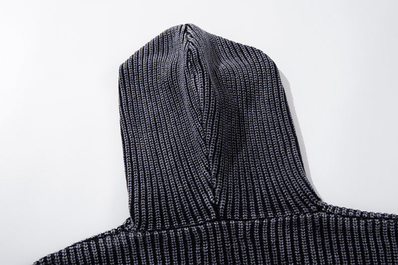 Washed Ribbed Knit Hoodie Sweater – Vintage Acid-Wash Oversized Pullover