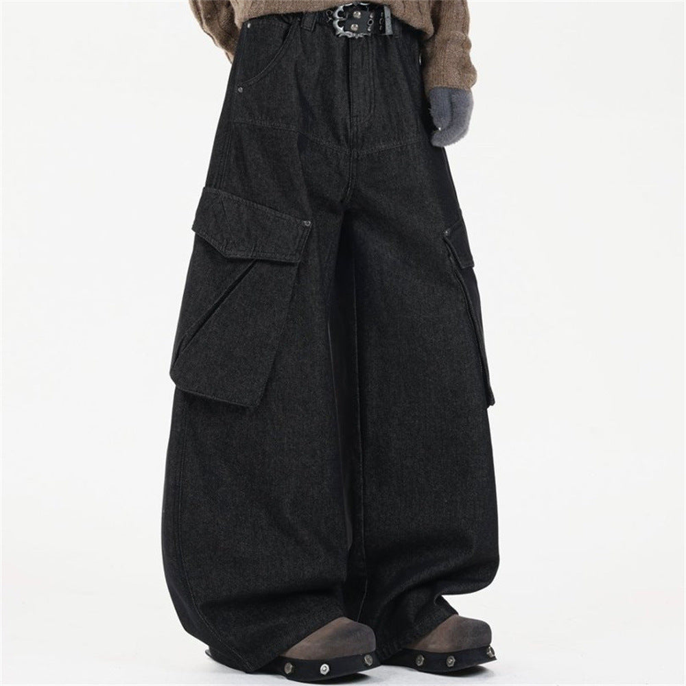 Black Baggy Cargo Jeans Men – Wide-Leg Denim with Large Utility Pockets