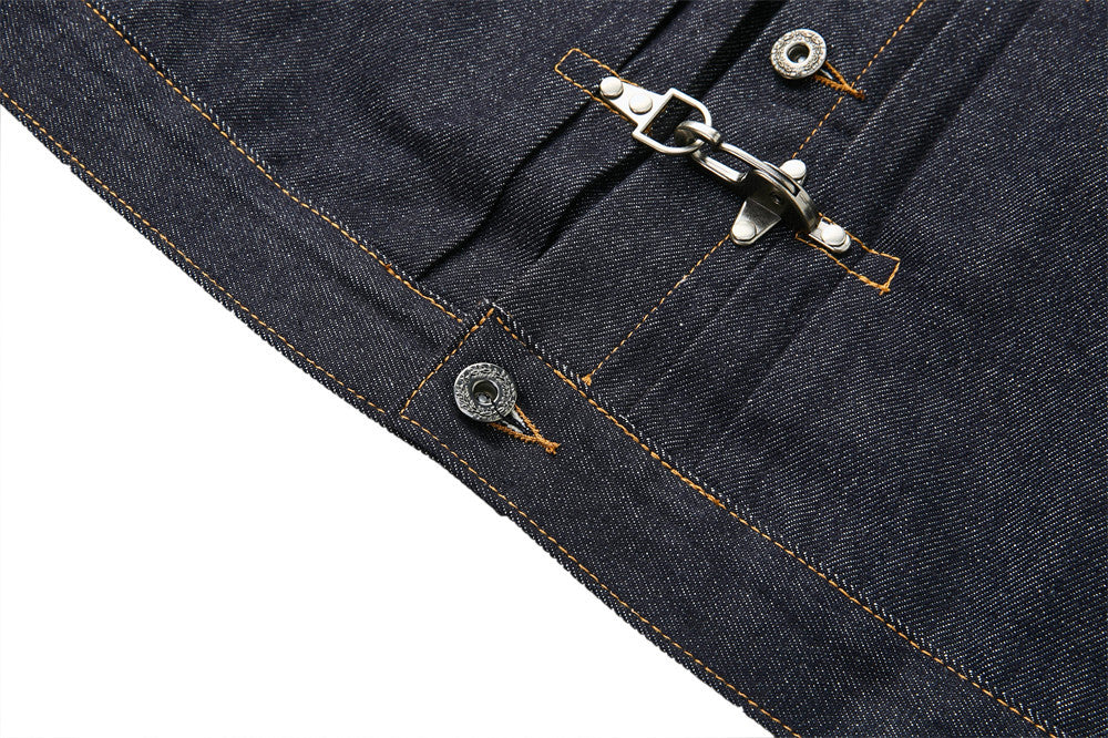 Men's Dark Indigo Denim Jacket with Metal Buckle Pleated Front Detail