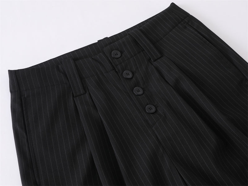 Men's Black Pinstripe Wide-Leg Trousers – Pleated Button-Fly Dress Pants