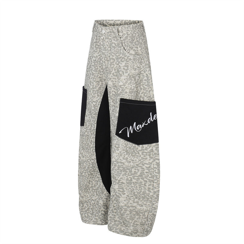 Leopard Print Colorblock Cargo Wide-Leg Jeans