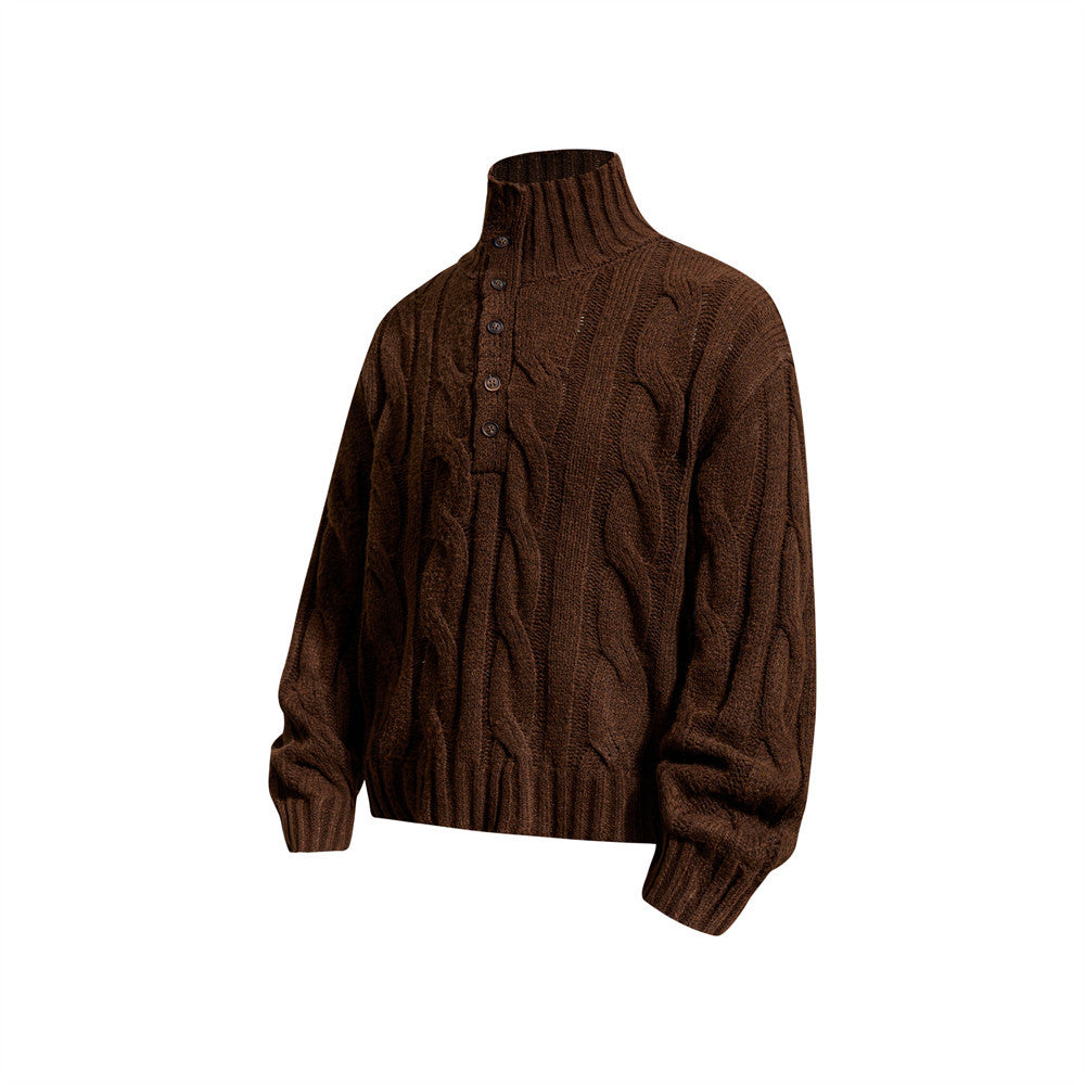Pull homme en maille torsadée à col montant zippé – Pull oversize à patte boutonnée