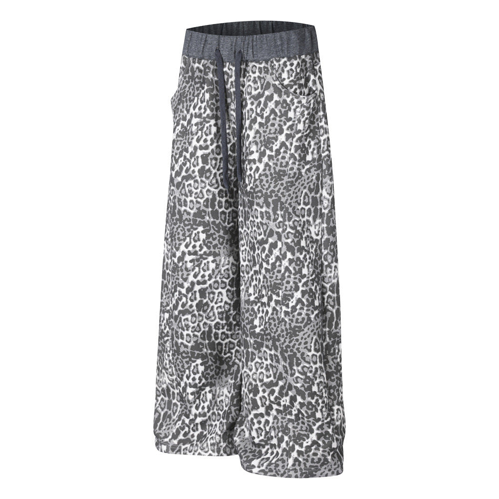Pantalon de survêtement homme à jambes larges – Imprimé léopard gris avec broderie au dos