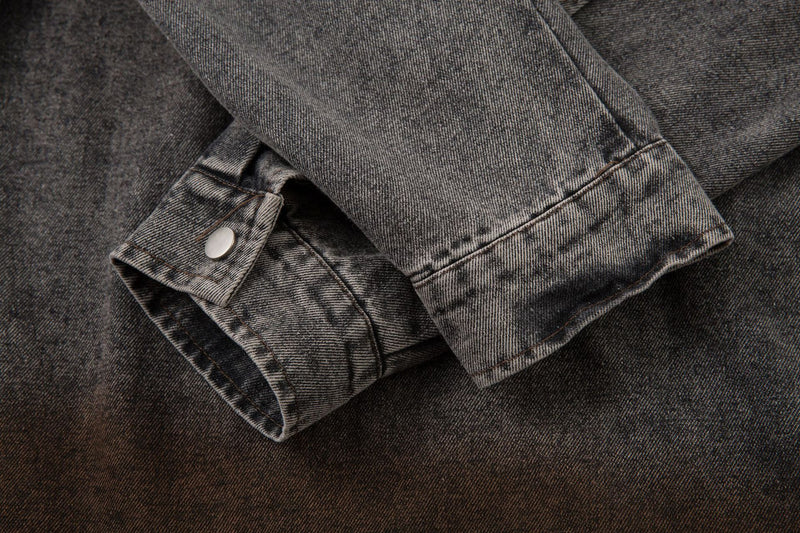 Washed Denim Hoodie Jacket – Boxy Fit with Embroidered Appliqué