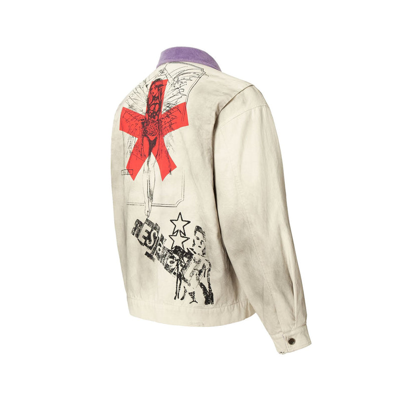 Veste zippée à imprimé graphique – Coton délavé effet usé, col violet et badge