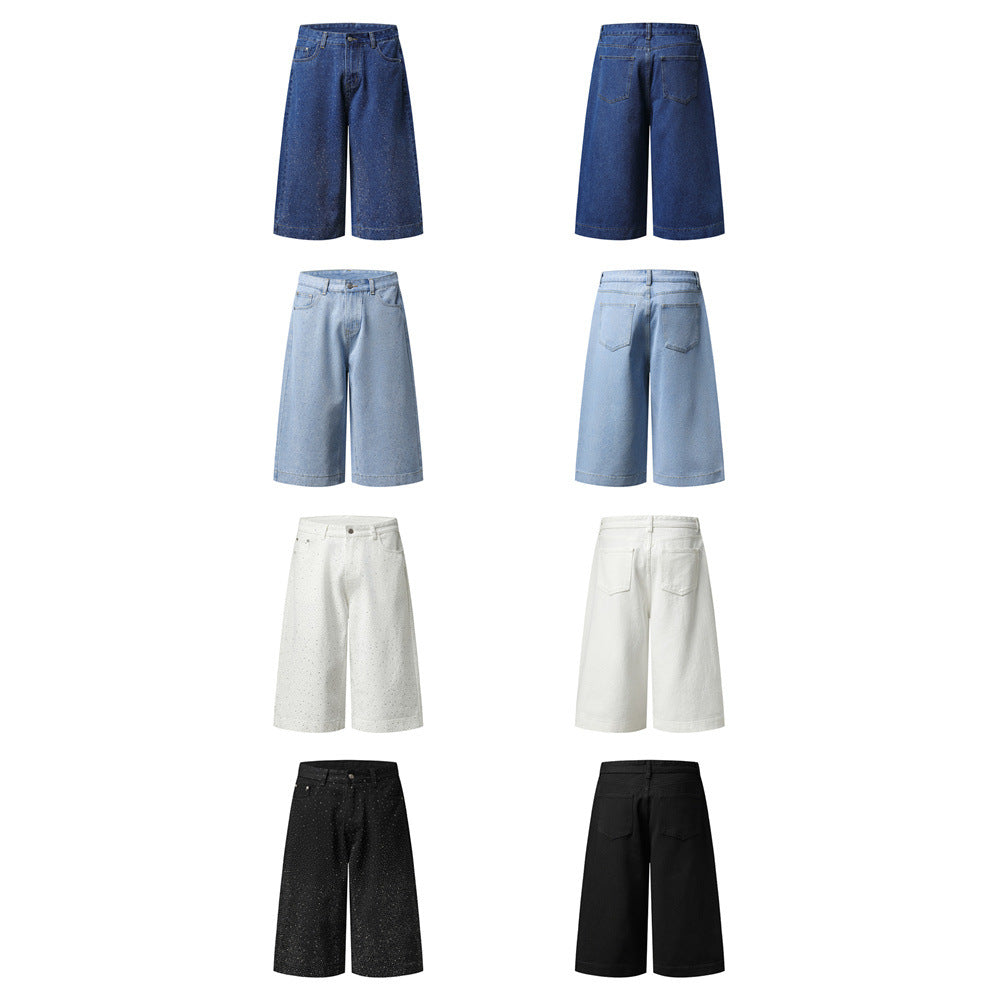 Wide-Leg Denim Shorts with Allover Rhinestone Detail – Men's Cropped Jean Shorts