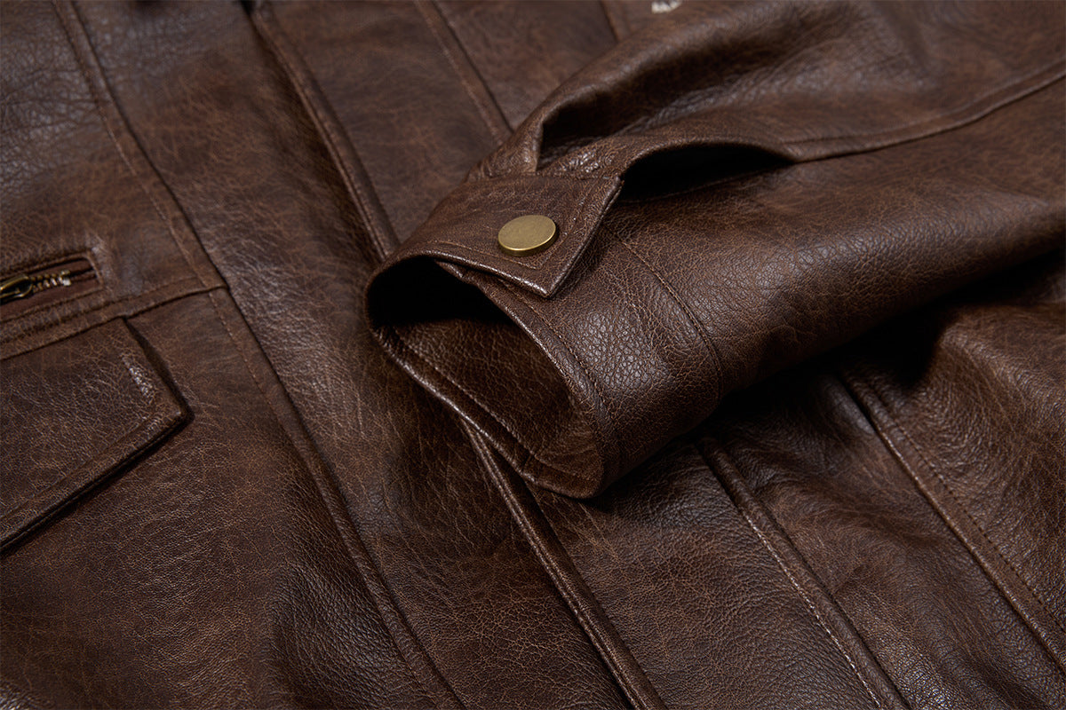 Oversized PU Leather Bomber Jacket – Vintage American Moto Style with Contrast